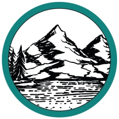 Sunriver Botanicals CBD Icon. Black etching of a mountain with round green border.
