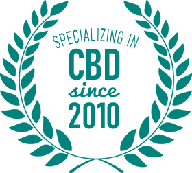 "Specializing in CBD Since 2010" logo. Green lettering and image with white background.