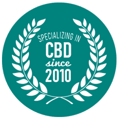 "Specializing in CBD Since 2010" logo. White lettering and image with green background.
