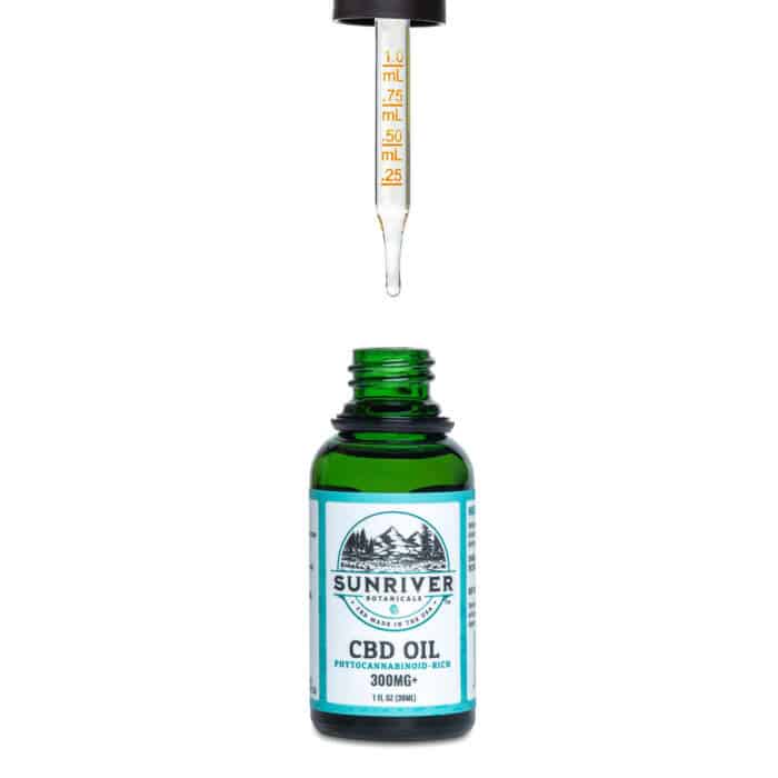 Sunriver Botanicals' CBD for dogs and pet bottle with the dropper pulled out.